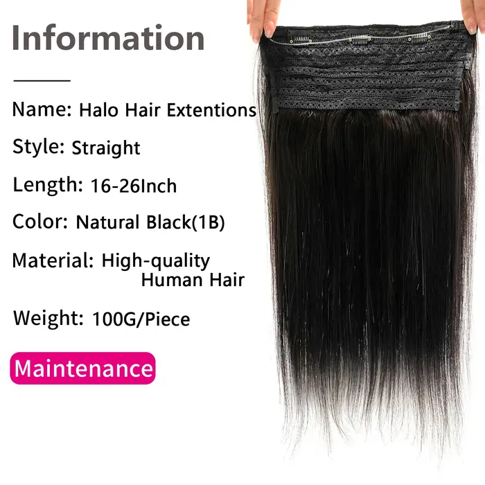 Extensions de cheveux Halo 100% cheveux humains, extensions à clipser avec fil invisible, ligne de pêche invisible # Cheveux raides 1B, 100g/paquet, 16-26 pouces