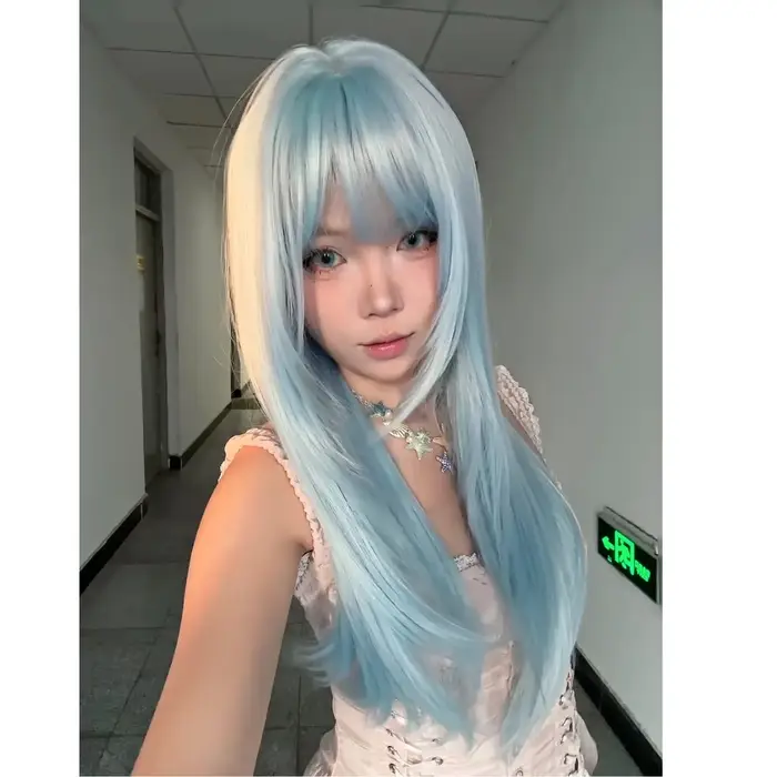 Ange glace bleu perruque femme quotidien Lolita longue droite JK réalité tête portant perruque pleine tête coiffure bébé bleu perruque