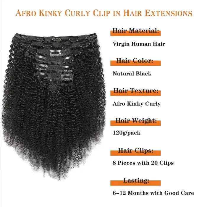 Extensions de cheveux humains bouclés afro crépus à clipser 4C 4B pour femmes