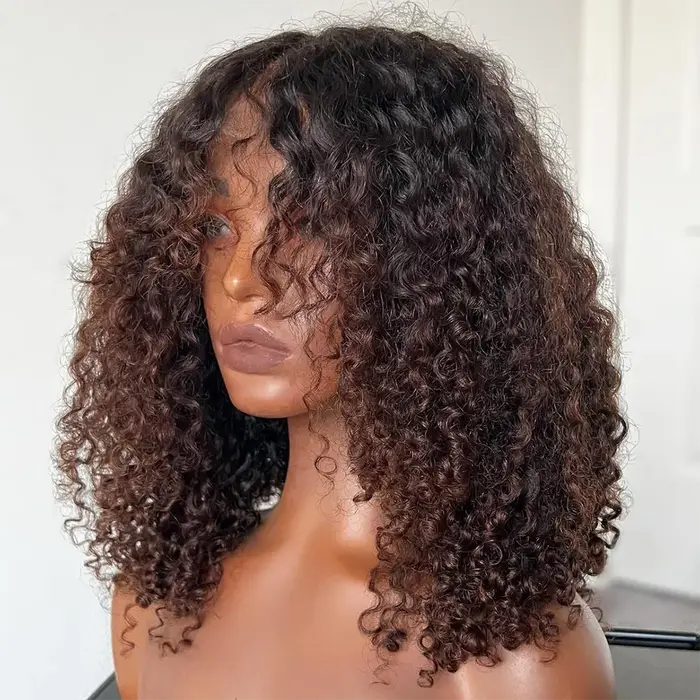 Perruque bouclée birmane avec frange 7x5 HD dentelle sans colle Ombre marron 4X4 5X5 pré-coupée HD