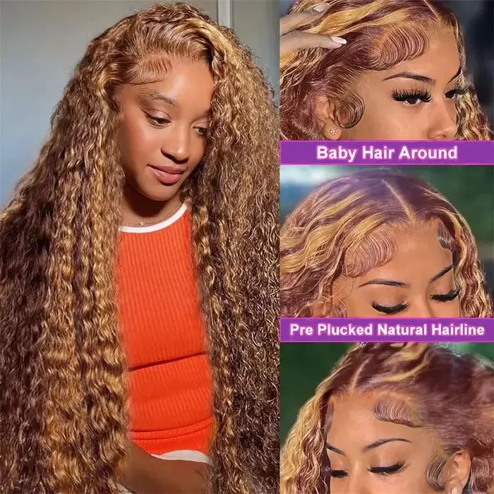 4/27 32 pouces mettre en évidence miel brun bouclés dentelle avant perruques de cheveux humains 13x6