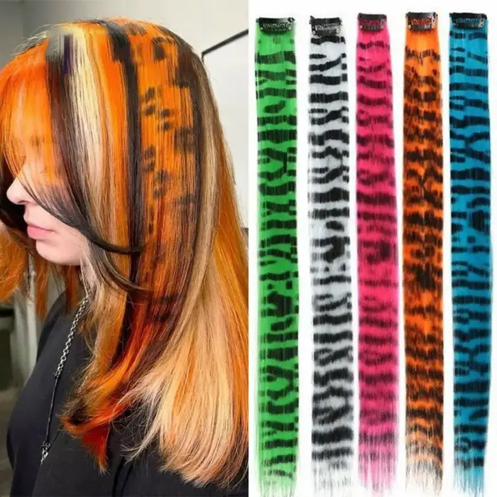 Extensions capillaires synthétiques colorées à clips imprimés à rayures