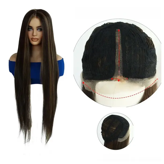 Perruque Lace Front 13x4x1 Brun Foncé avec Mèches Blondes, Longue et Lisse, Synthétique, Résistante 