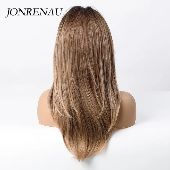 JONRENAU cheveux longs raides avec frange Ombre noir foncé brun à blond perruques synthétiques pour les femmes fête quotidien Cosplay utilisation perruque