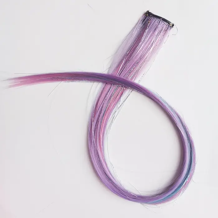 Extensions de cheveux synthétiques à clips licorne colorées, tinsels argentés mélangés, arc-en-ciel,