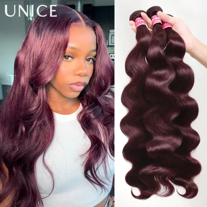 UNice noir cerise corps vague paquets 2/3/4 pièces avec 1 PC 4x4 pouces dentelle fermeture pré color