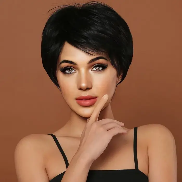 Perruque de Cheveux Courts et Lisses en Fibre Synthétique