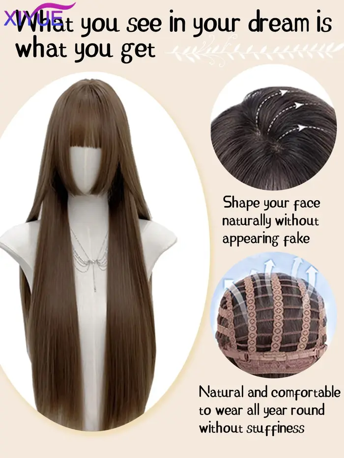 Perruque synthétique longue avec frange, coupe princesse, aspect naturel, longue perruque brune rési