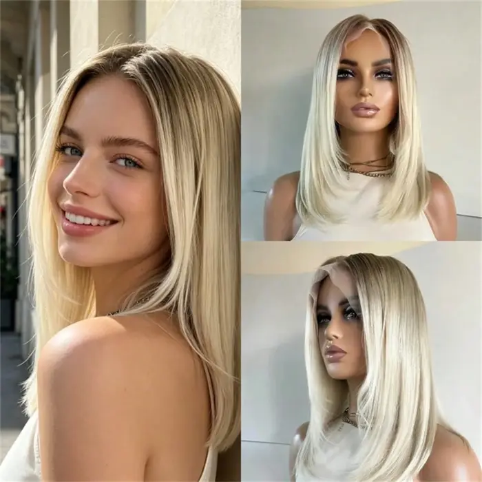 Perruque sans colle Lace Front Synthétique Ombré Blond Crème Clair avec Mèches
