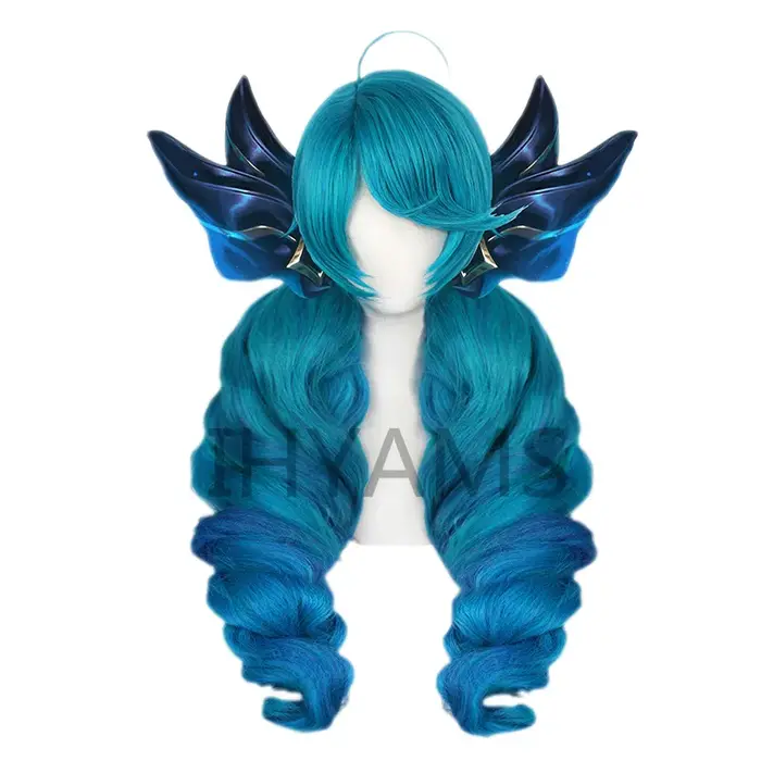 Gwen Game LOL Cosplay perruque bleu vert mixte longues perruques bouclées résistant à la chaleur cheveux synthétiques