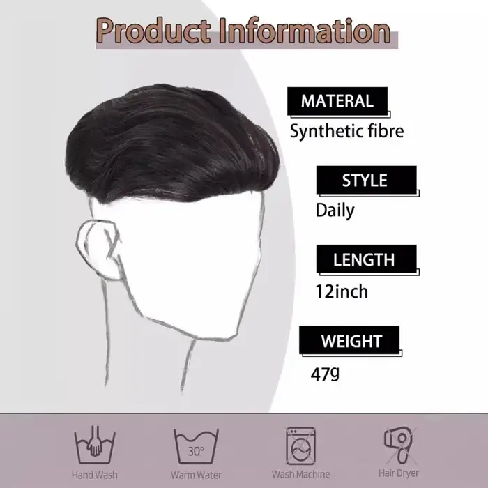 Perruque synthétique lisse et ondulée pour hommes