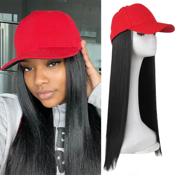 Perruques de chapeau synthétiques, casquette d'opérabilité rouge, cheveux raides, queue de canard ul