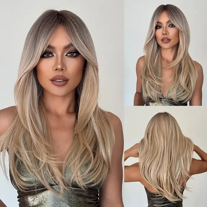 Perruque synthétique longue et lisse à reflets platine blond avec frange, cheveux naturels résistant