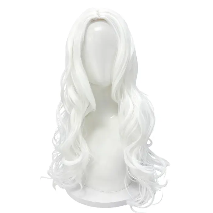 Perruque blanche longue ondulée avec partie centrale – Fiber synthétique d'apparence naturelle pour cosplay