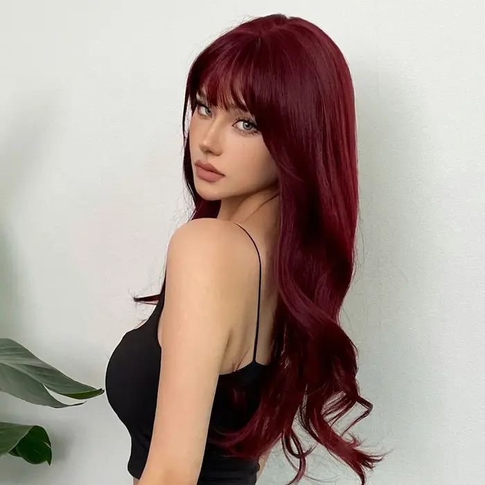 Perruque synthétique couleur vin rouge avec grandes boucles pour fête