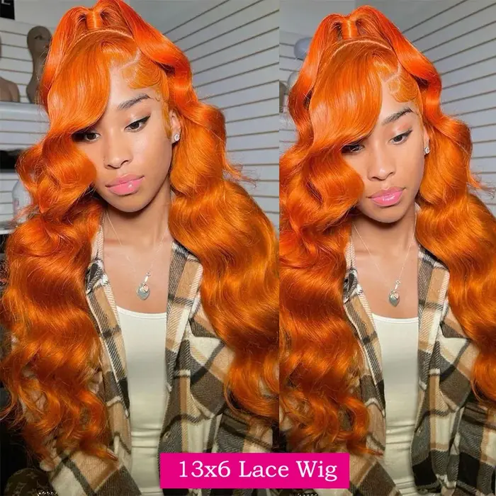 Perruque Lace Frontal Wig Body Wave brésilienne naturelle, cheveux humains, couleur Orange gingembre