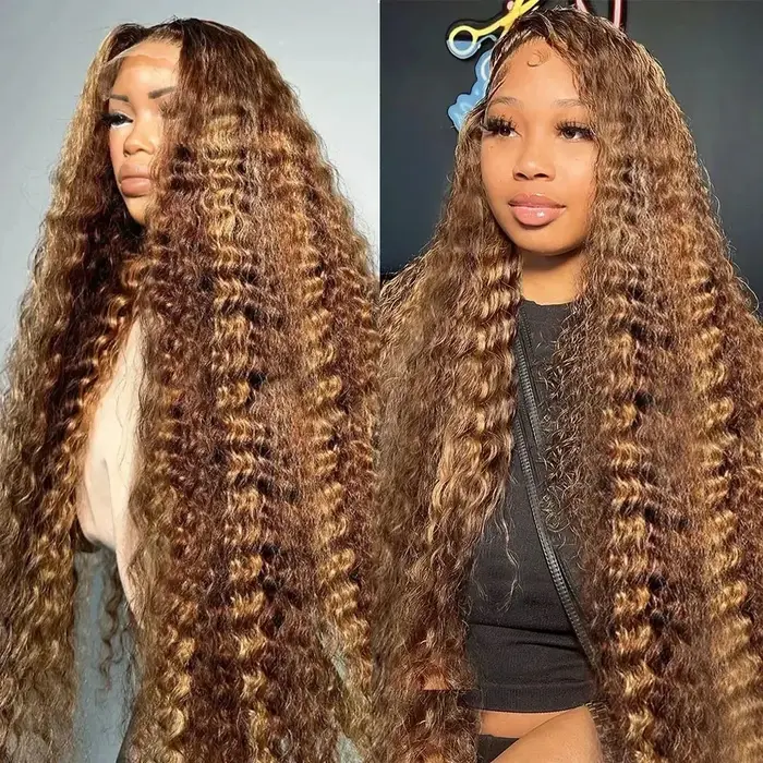 36 pouces bouclés mettre en évidence perruque cheveux humains 13x4 miel blond vague profonde femmes