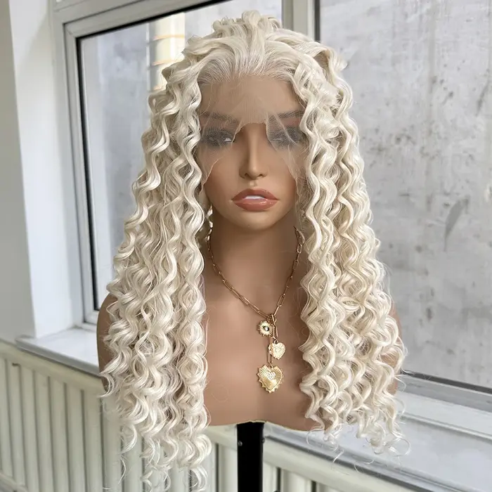 Perruque Lace Front Wig synthétique bouclée et profonde, cheveux longs, blond platine, blanc, blond,
