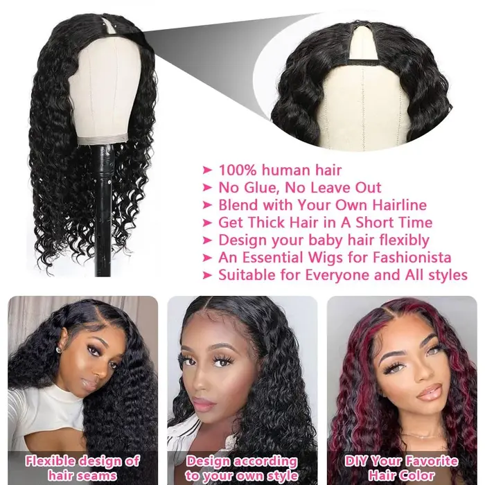 Perruque de cheveux humains bouclés profonds avec partie en V, sans laisser, perruques brésiliennes 