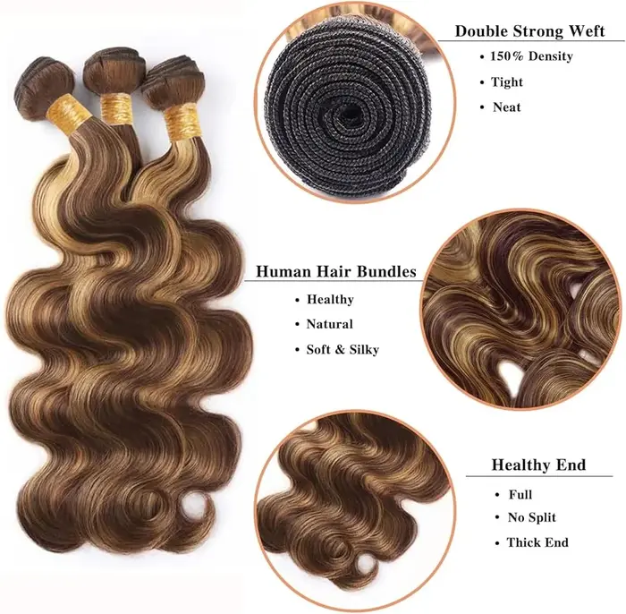 Extensions de Cheveux Humains Naturels Brésiliens Vierges, Ondulés, Ombrés, Couleur Miel Blond P4/27