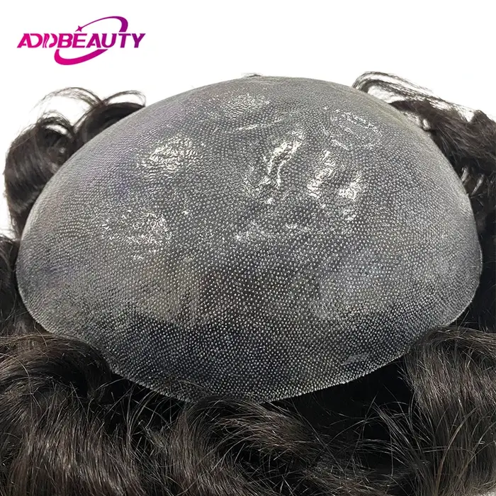 Hommes toupet avec noeuds peau mince prothèse capillaire pleine PU 0.08-0.1 cm indien perruques de cheveux humains