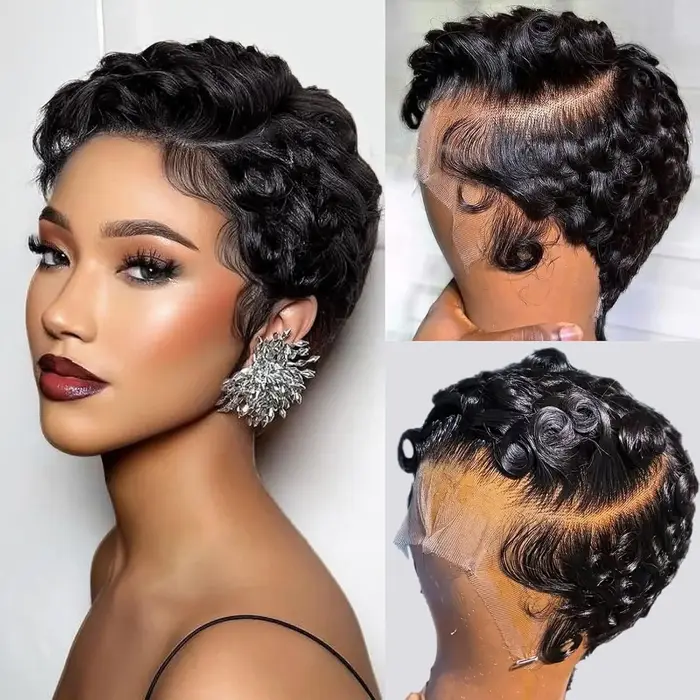 Perruque Lace Front Wig naturelle, cheveux courts bouclés, coupe Pixie, 13x4, 13x, perruques frontal
