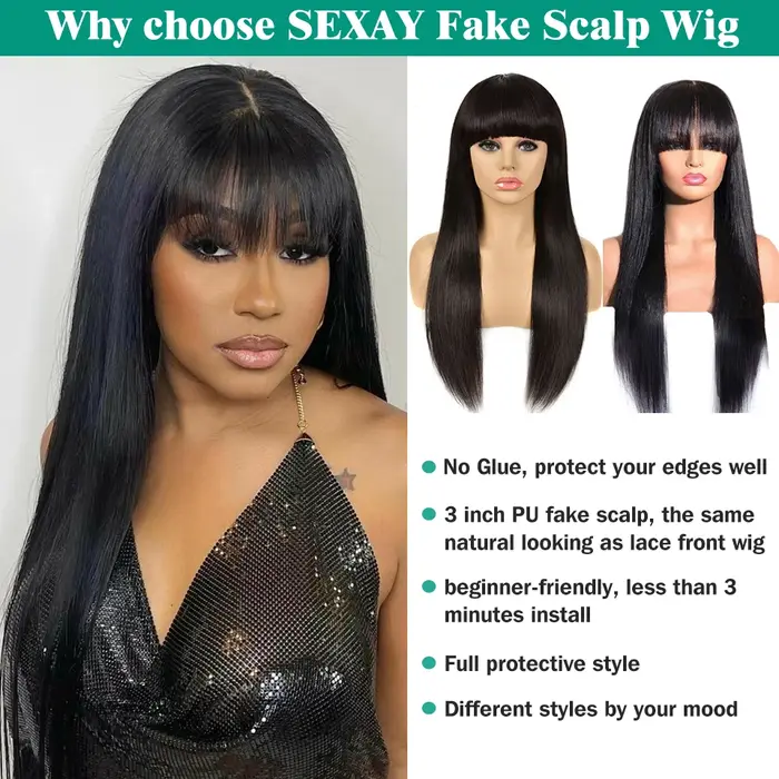 Faux cuir chevelu Bang perruques perruque de cheveux humains péruvien soyeux cheveux raides Sexay 32