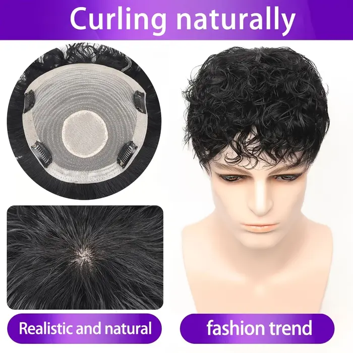 Perruque de cheveux humains bouclés pour hommes de 4 pouces