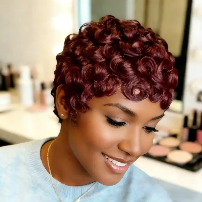 Perruque en cheveux humains brésiliens, coupe courte pixie avec frange, cheveux bouclés lâches pour