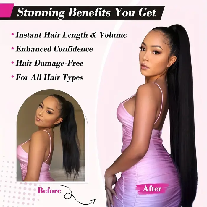 10-26 pouces longue droite cordon queue de cheval Extensions 100% cheveux humains enrouler autour du Clip