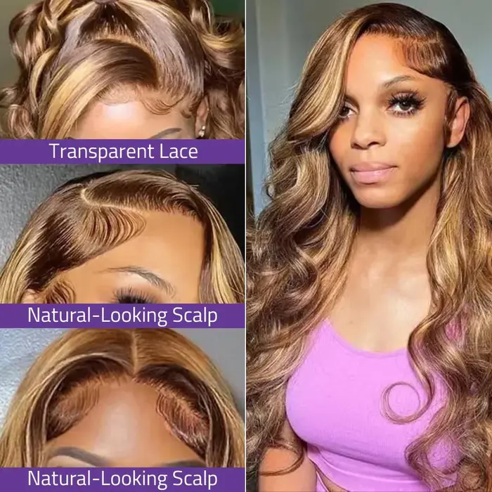 Perruque Highlight en Cheveux Humains Naturels P4/27 Blond Miel, Perruques Lace Front 13x6 en Cheveu