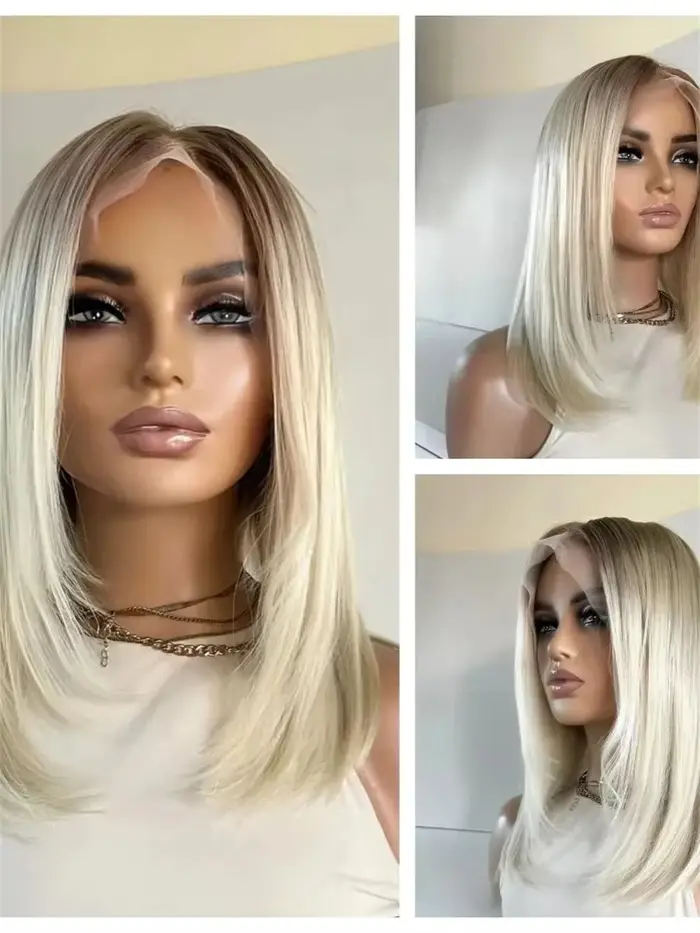 Perruque sans colle Lace Front Synthétique Ombré Blond Crème Clair avec Mèches