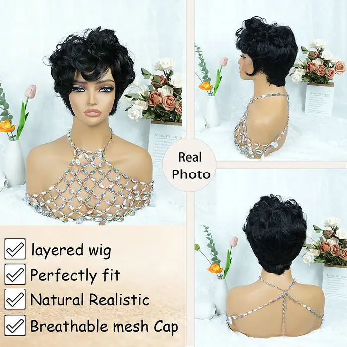 1B # Perruque de cheveux humains coupe lutin pour femmes, 6 pouces, couches courtes, amples et bou