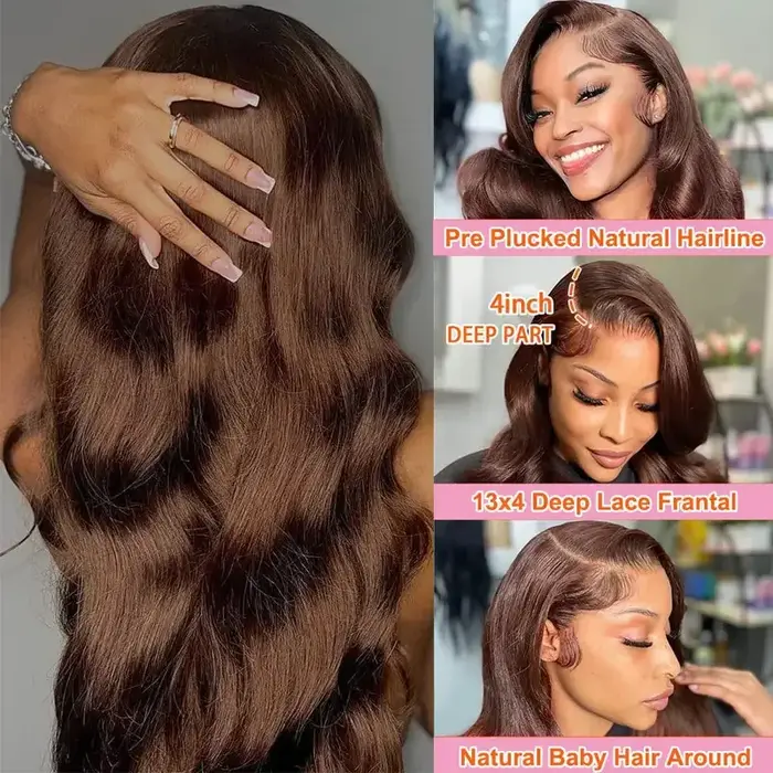 Perruques à dentelle frontale Body Wave brun chocolat, cheveux humains pré-épilés, cheveux vierges b