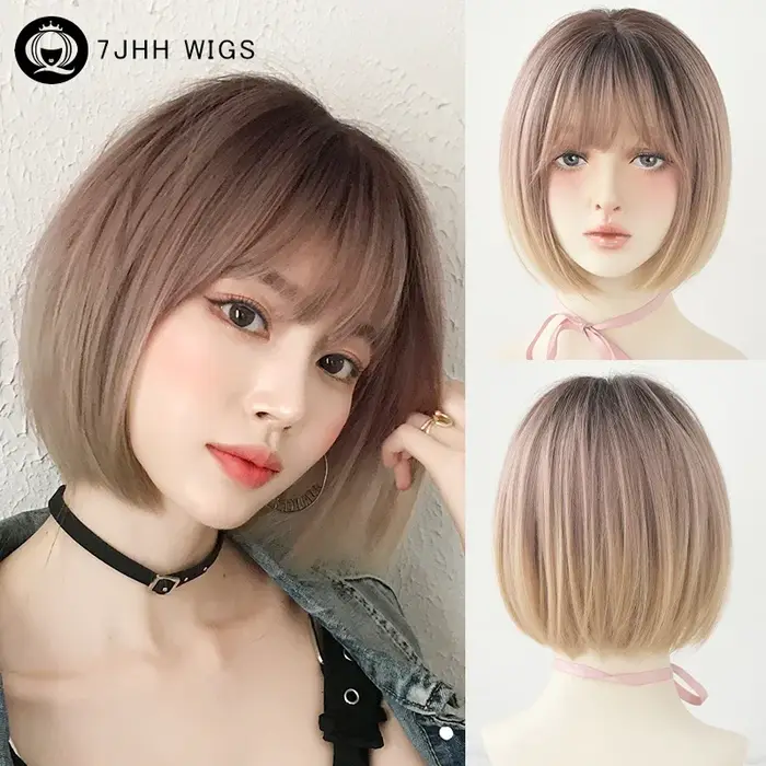 7JHH perruques courte droite chocolat Bob perruque pour les femmes quotidien haute densité synthétique couches cheveux