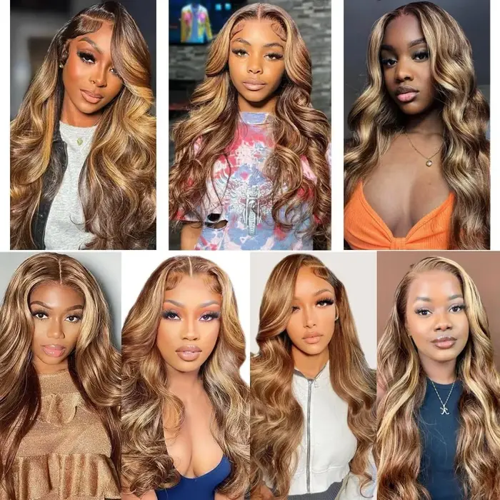 Perruques Ombrées Highlight Body Wave en Cheveux Humains, Perruque Frontale HD Lace 13x4 13x6, Densi