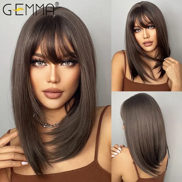 GEMMA – perruque synthétique BoBo marron foncé avec frange pour femmes