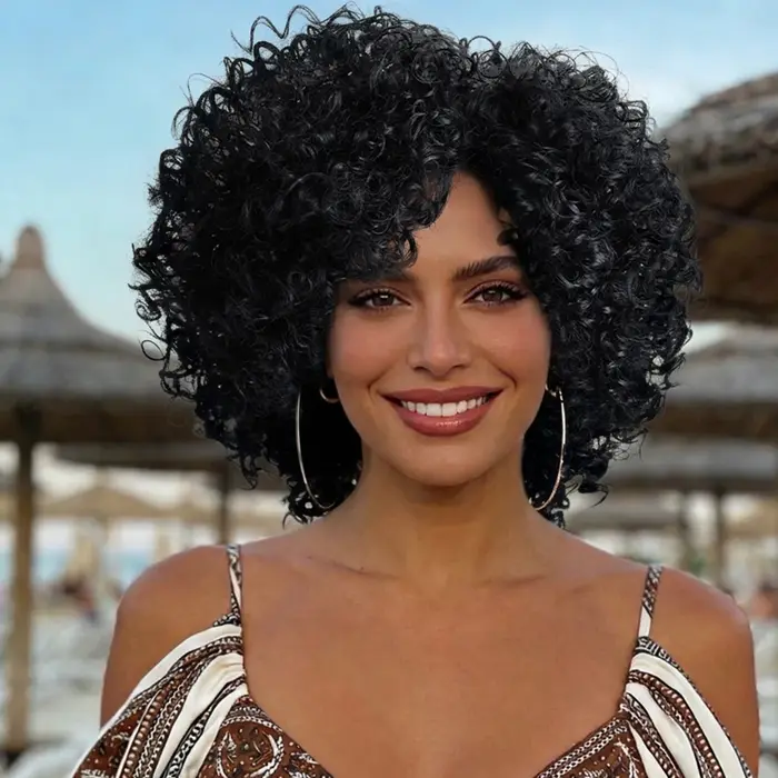 Perruque synthétique courte bouclée de 12 pouces pour femmes, perruque afro bouclée frisée avec fran