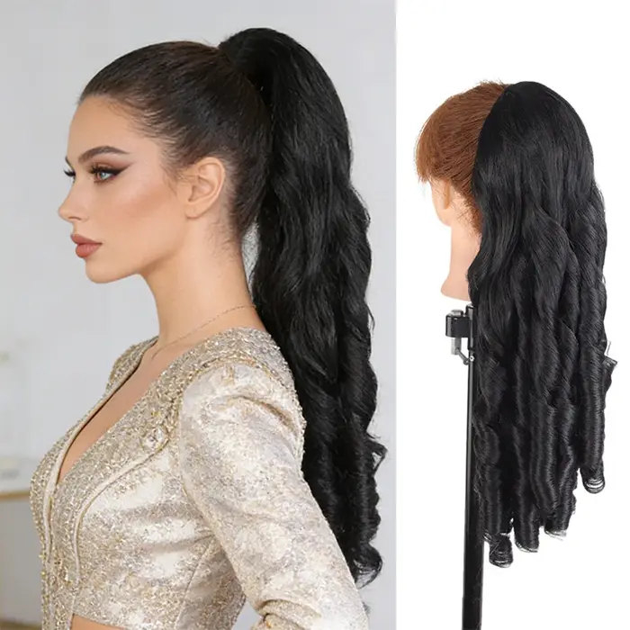 Extensions de queue de cheval ondulées synthétiques avec cordon de serrage, postiche bouclé style ro