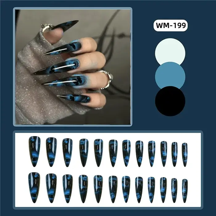 24 faux ongles papillon bleus à coller, extra longs, réutilisables, adhésifs, avec outils 2026