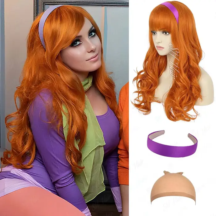 Perruque synthétique longue bouclée Orange + bandeau violet Daphné