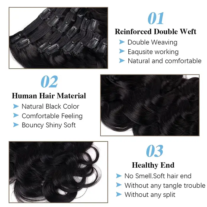 Extensions de cheveux brésiliens naturels Body Wave à clipser pour femmes