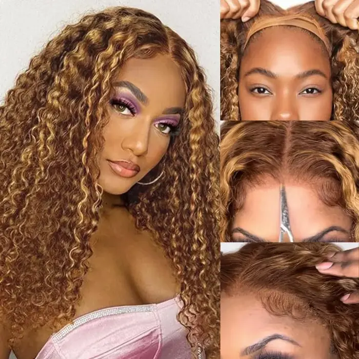 Perruques bouclées blond miel 13x6 sans colle perruque à reflets cheveux humains prêt à porter Ombre couleur