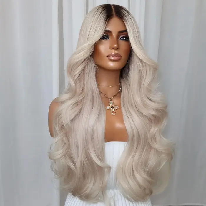 Nouvelle perruque synthétique Lace Front blonde blanche, ondulée, 13*4, en fibre résistante à la cha