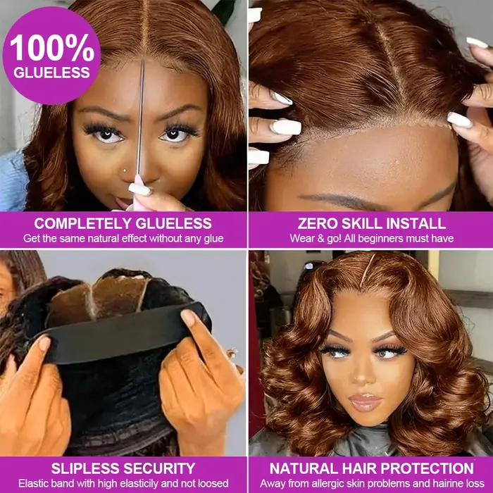 Perruque Bob courte ondulée marron chocolat, cheveux humains sans colle, 13x4 HD, Lace Frontal Wig 1