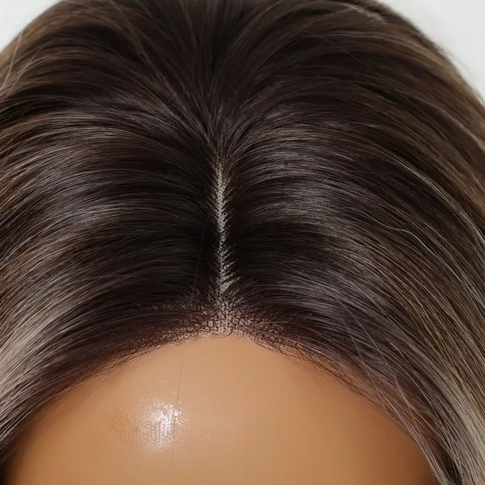 Perruque Lace Front Wig synthétique lisse et longue, perruque avec raie centrale naturelle, brune et