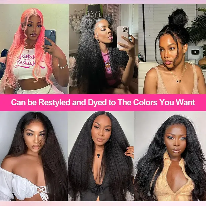 250% Kinky Straight Perruque Yaki Sans Colle 360 Natural Yaki Straight Wig Invisible Sangle Perruque