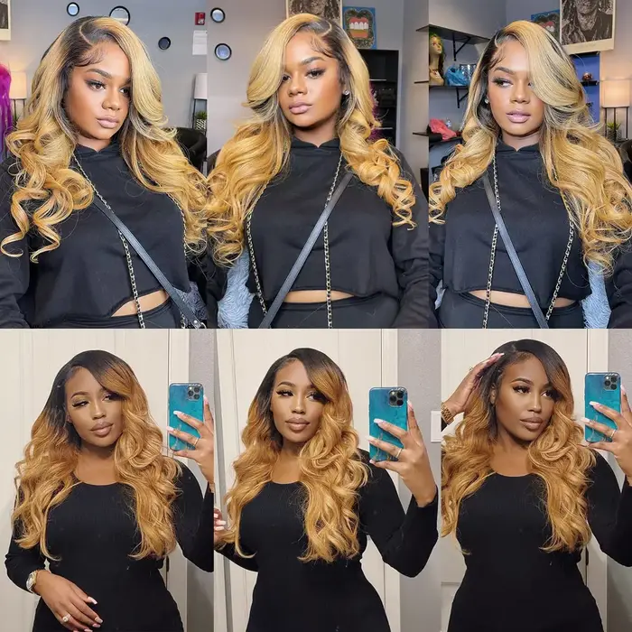 Perruque Lace Front Wig Body Wave naturelle, cheveux humains, blond miel, pre-plucked, 1B 27, ombré,