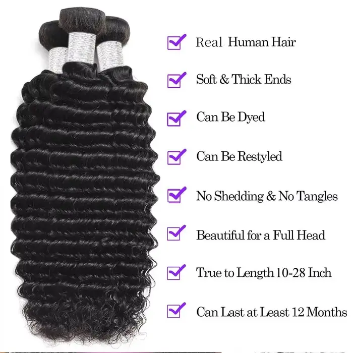 Lots de Cheveux Humains Brésiliens Vierge Ondulés Profonds Non Traités, Grade 1, 3 ou 4 Bundles, Cou
