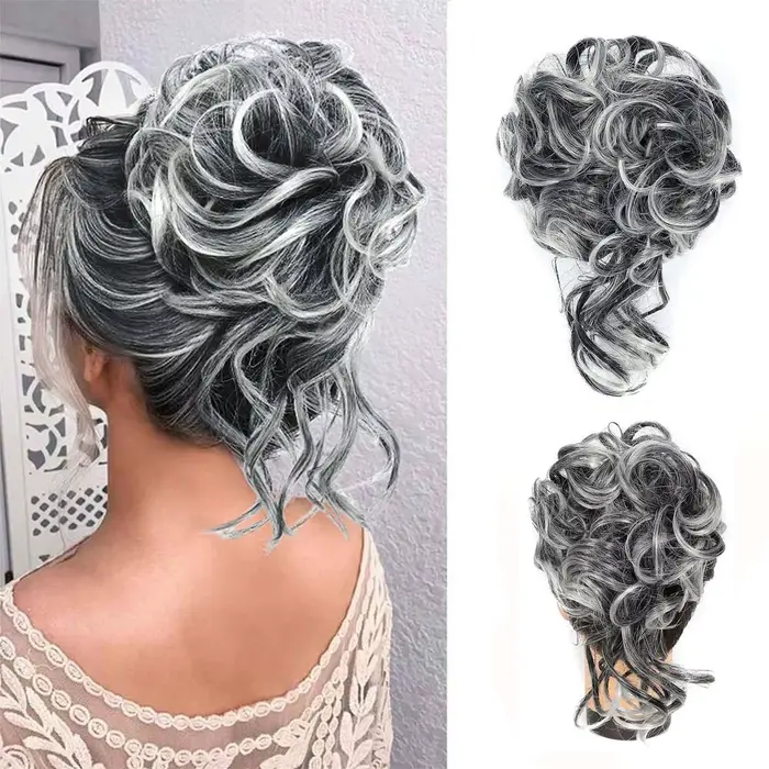Chignon synthétique en désordre, Extension de chignons ébouriffés, bandeau élastique, pièces de chev